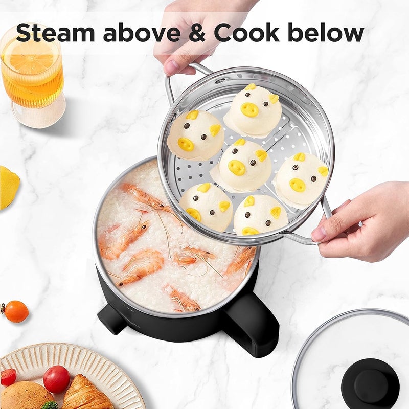 TopWit Hot Pot Electric with Steamer, 1.6L Ramen Cooker, Electric Pot for Pasta, Shabu-Shabu, Oatmeal, Soup and Egg, Portable Cooker with Dual Power Control, Dorm Room Essentials, Black - Image 2